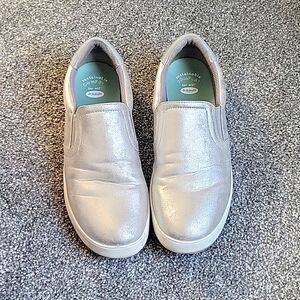 Dr. Scholls SILVER slip-ons, size 9.5 wide